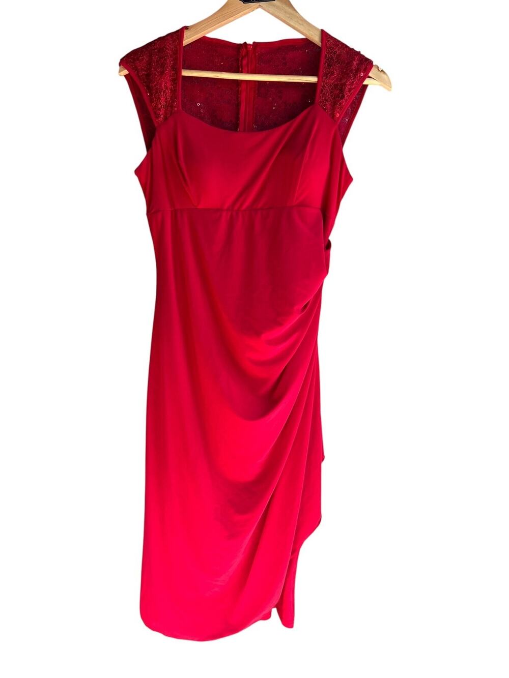 Vintage 90s Sally Women's Red Ruched Midi Party Dress Sleeveless USA Made Size M